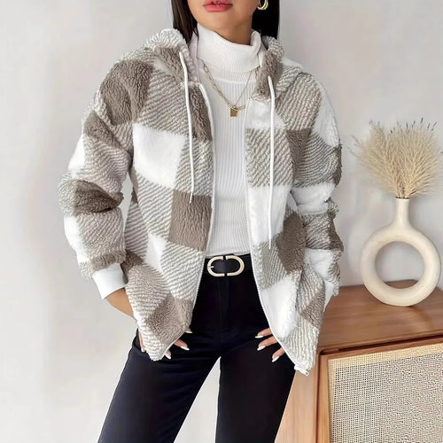 Damen Kuschelige Kapuzenjacke im Karodesign EB