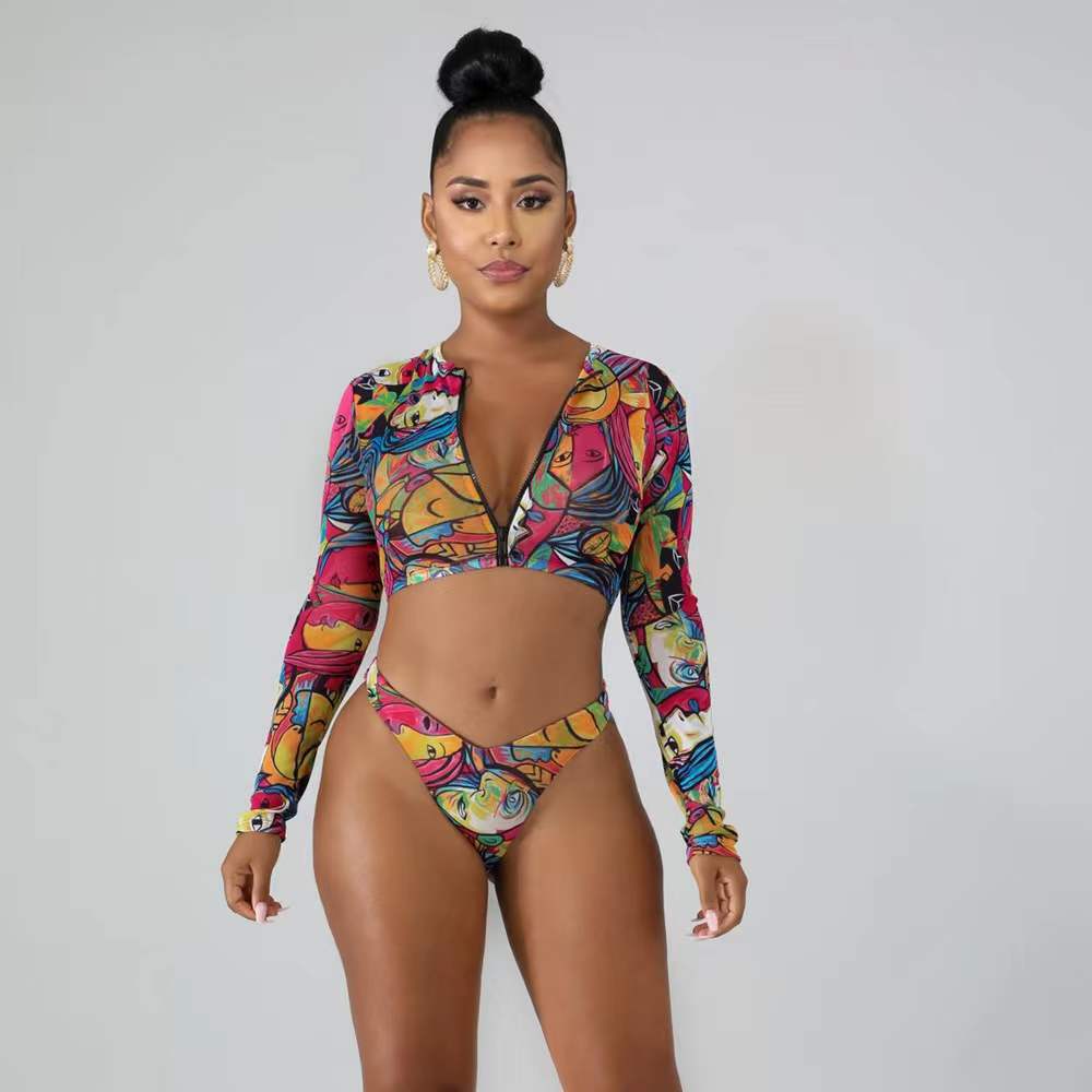 Damen Surf-Bikini-Set mit langärmeligem Oberteil und modischem Reißverschluss EB