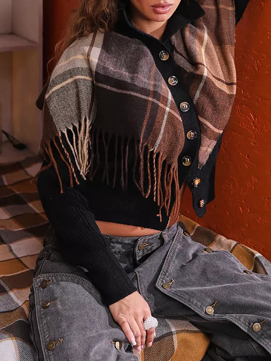 Damen eleganter Cardigan mit Fransen und dekorativen Knöpfen EB
