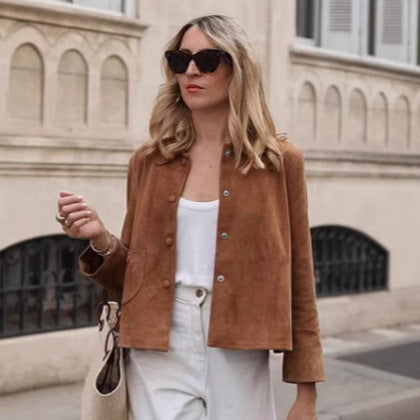 Damen Suede Jacke mit geschlossenen Knöpfen EB