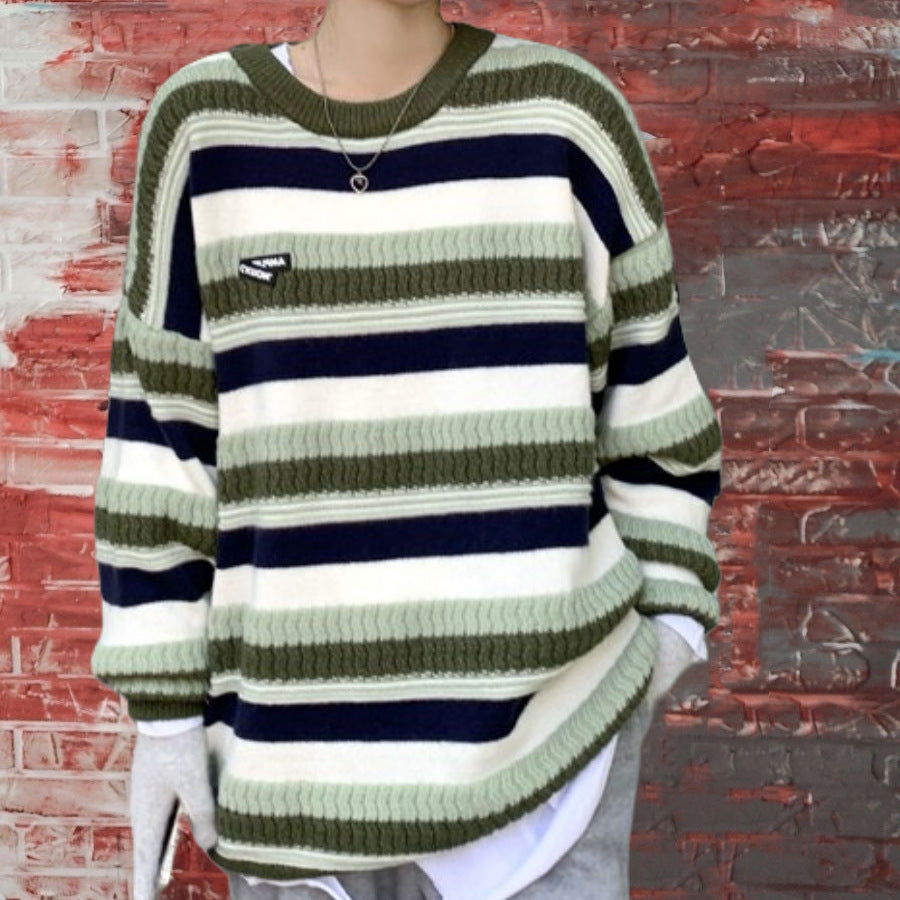 Damen lässiger Strickpullover mit raffiniertem Streifenmuster und voluminösen Ärmeln EB