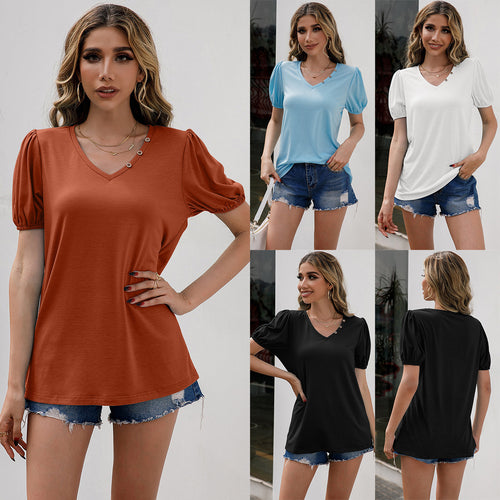 Damen V-Ausschnitt T-Shirt mit modischen Puffärmeln und Knopfdetails EB