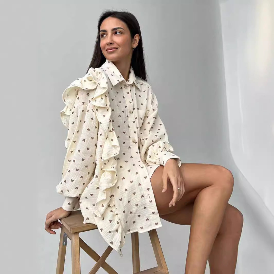 Damen Verspieltes Kurzarm-Oberteil und Shorts-Set mit Herz-Muster EB