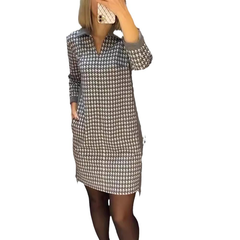 Damen Hemdblusenkleid mit modernem Hahnentrittmuster und praktischen Seitentaschen Heidi-Mode