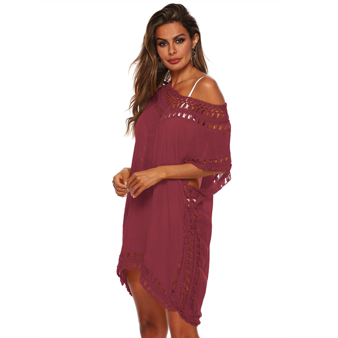 Damen Häkel-Strandüberwurf mit elegantem V-Ausschnitt und fransigen Details EB