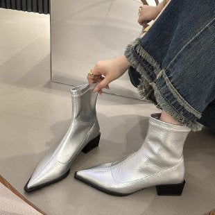 Damen elegante Stiefeletten mit spitzem Zehenbereich und Blockabsatz EB