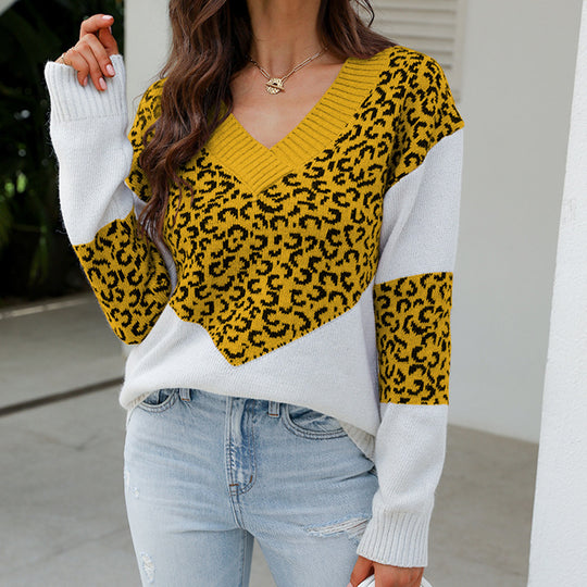 Damen Modischer Pullover mit einzigartigem Leopardenmuster und V-Ausschnitt EB