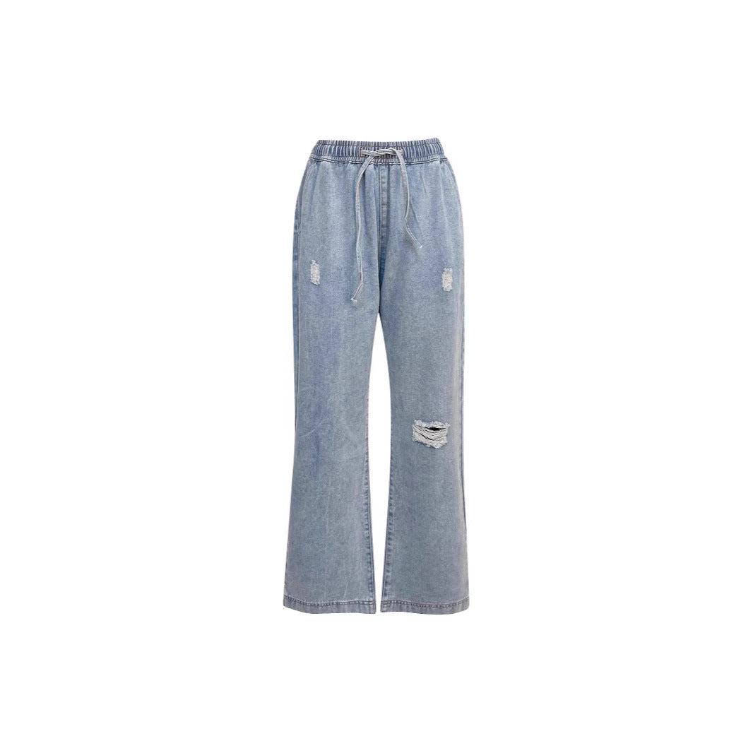 Damen lässige weite Denim-Hose mit elastischem Bund EB
