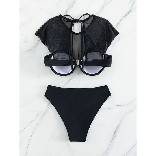 Damen Sport-Bikini-Oberteil mit transparenten Ärmeln und hochgeschnittenem Unterteil EB