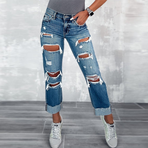 Damen Ripped Boyfriend Jeans im angesagten Vintage-Look mit weitem Bein EB