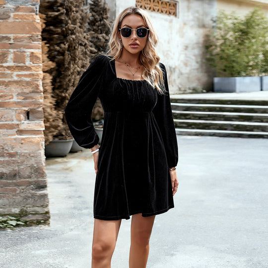 Damen nan Samt-Kurzkleid mit quadratischem Ausschnitt, Empire-Taille und Ballonärmeln EB