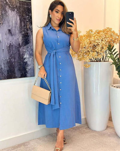 Damen Knielanges Hemdkleid mit Taillengürtel und elegantem V-Ausschnitt EB