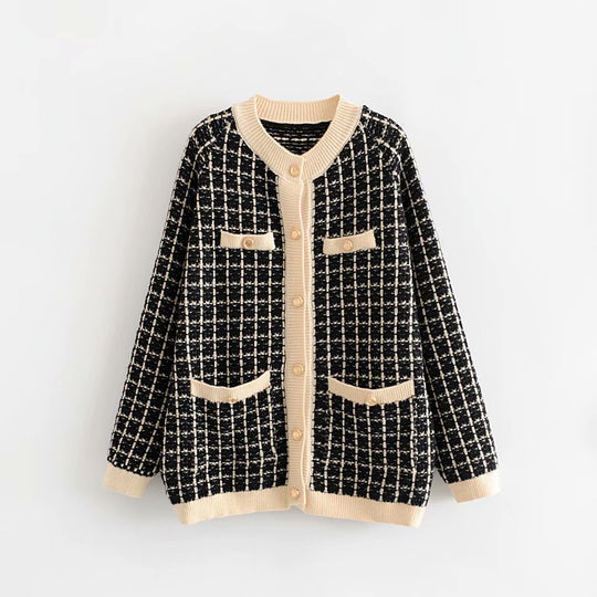 Damen Strickjacke mit Modischem Karomuster und Knopfdetails EB
