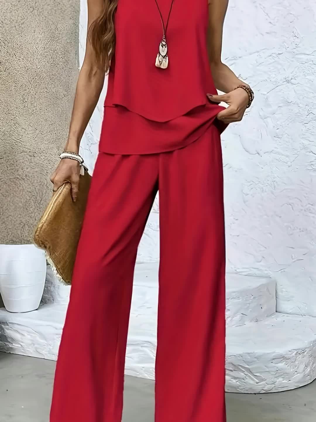 Damen elegantes Zweiteiliges Outfit mit fließendem Schnitt und weit geschnittenen Hosen EB