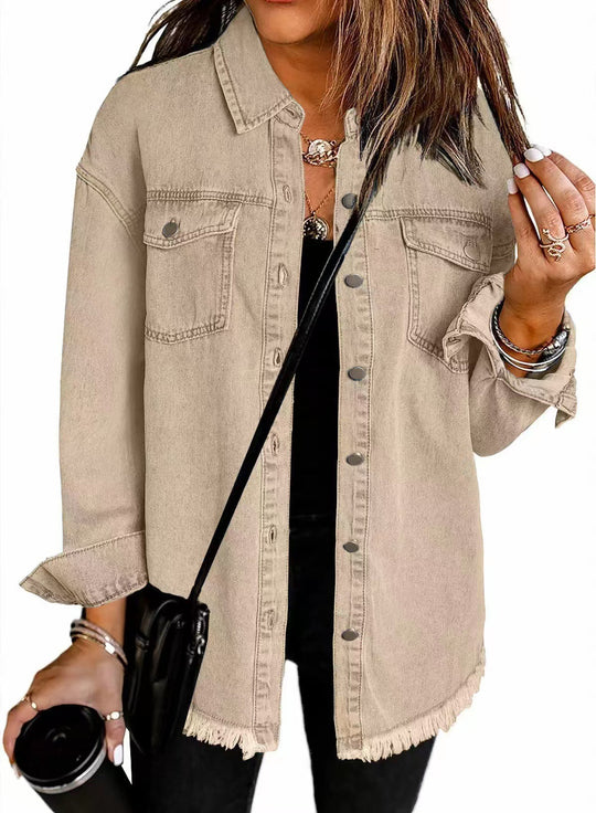 Damen Oversized Jeanshemd mit Fransen EB
