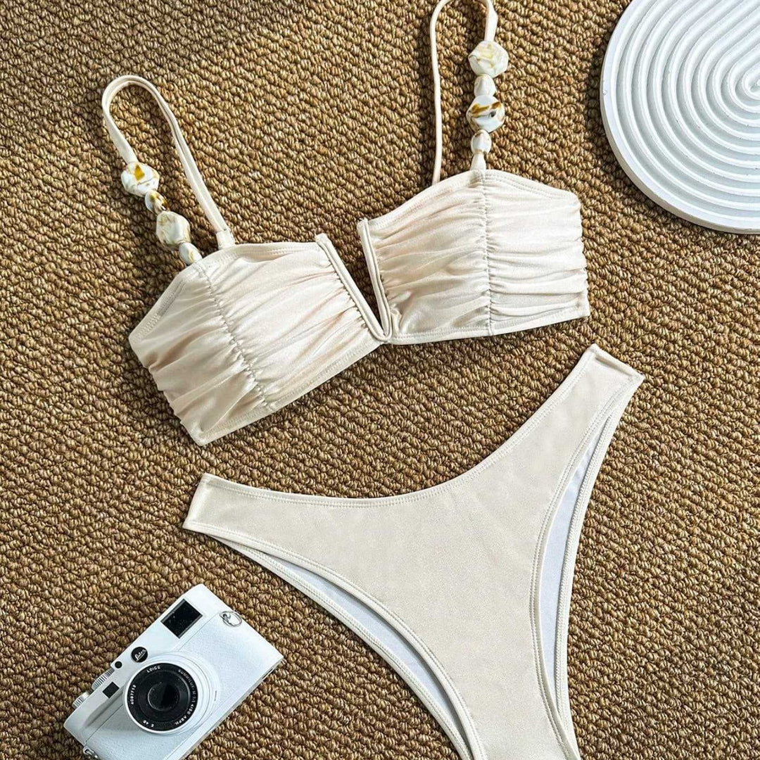 Damen Bikini mit Raffungen und dekorativen Trägern EB