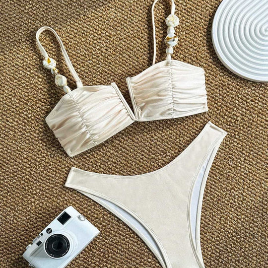 Damen Bikini mit Raffungen und dekorativen Trägern EB