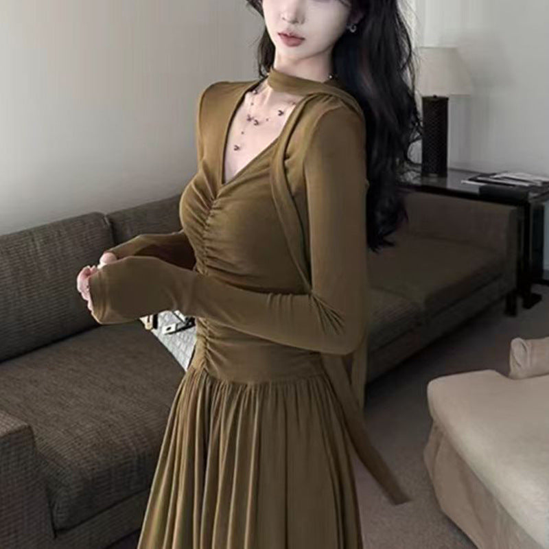 Damen elegantes Maxi-Kleid mit raffiniertem V-Ausschnitt und langen Ärmeln EB
