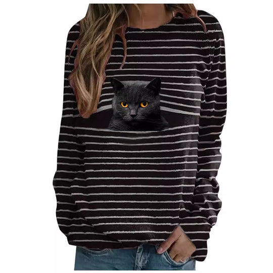 Damen nan lässiger Streifenpullover mit fotorealistischer Katzentasche und Rundhalsausschnitt EB