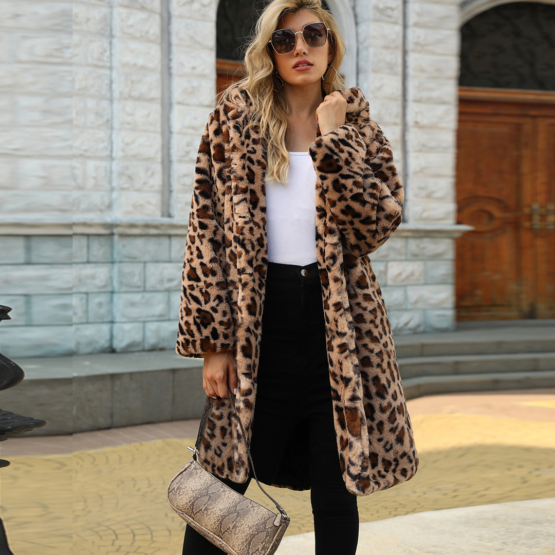Damen Luxuriöser Fleece-Mantel mit Leopardenmuster EB