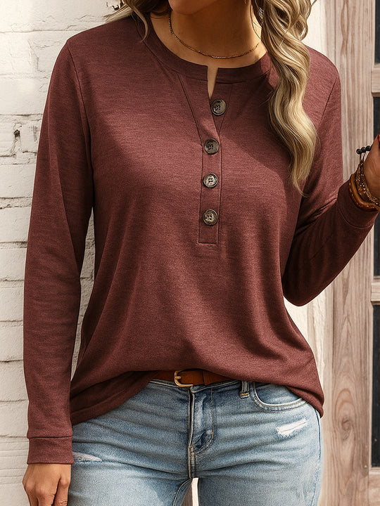 Damen Langarm-Henleyshirt mit Knopfleiste und Notch-Ausschnitt EB