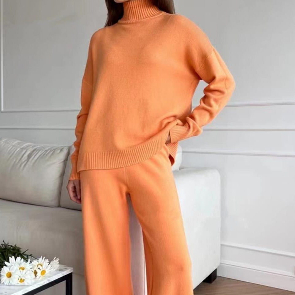 Damen Lässiges Strickset mit hohem Kragen und weitem Bein EB
