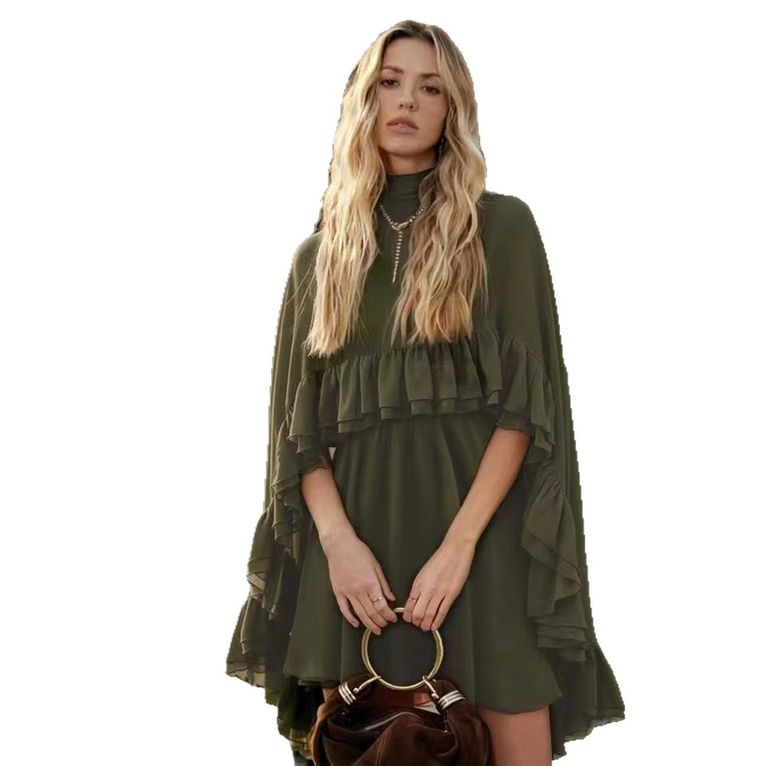 Damen Elegantes Rüschendress mit hochgeschlossenem Ausschnitt und fließendem Schnitt EB