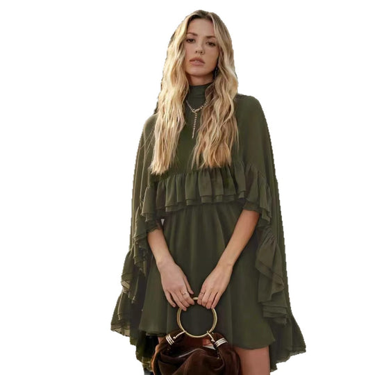 Damen Elegantes Rüschendress mit hochgeschlossenem Ausschnitt und fließendem Schnitt EB