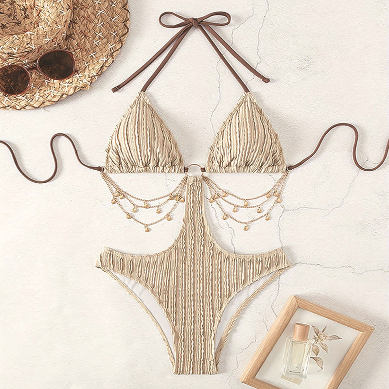Damen Triangel-Bikini mit glänzenden Kettenakzenten und raffiniertem Design EB