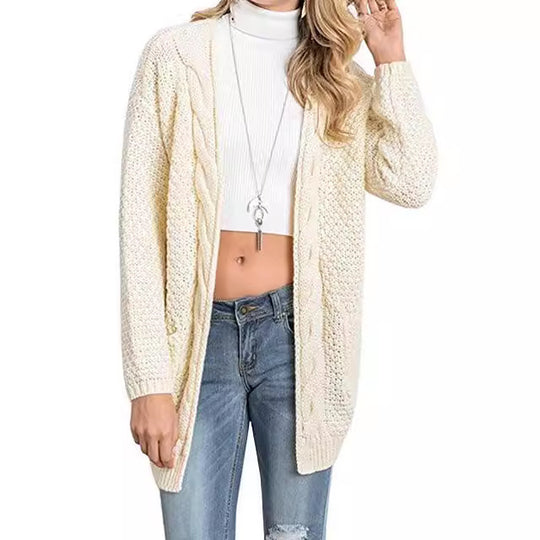 Damen gemütlicher Strickcardigan mit Taschen und Zopfmuster EB