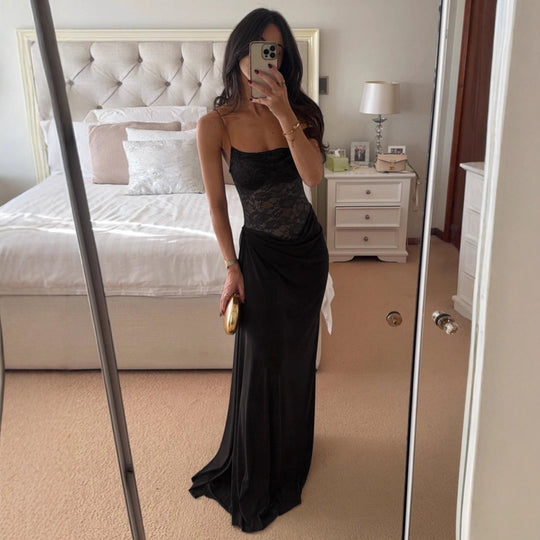 Damen Elegantes Cocktailkleid mit Spitzenoberteil und fließendem Rock EB