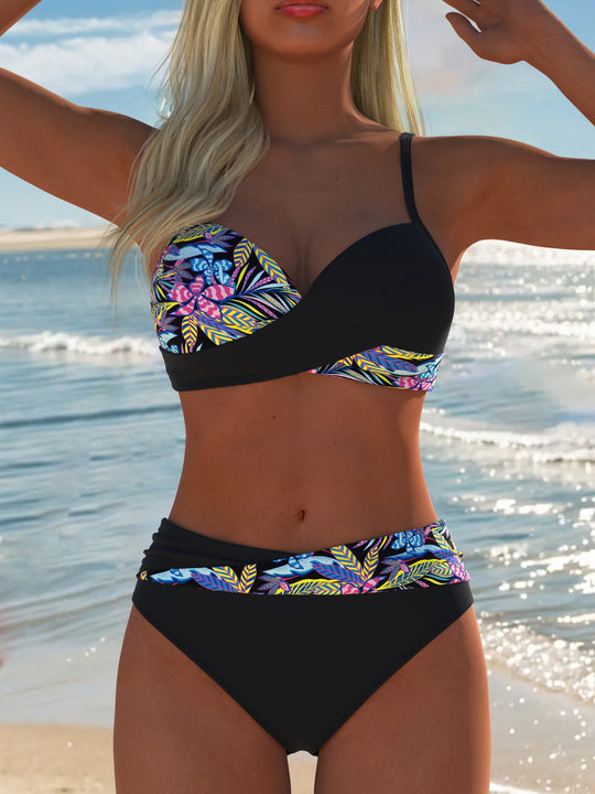 Damen Balconette-Bikini mit trendy Palmendruck und eleganter Ring-Detaillierung EB