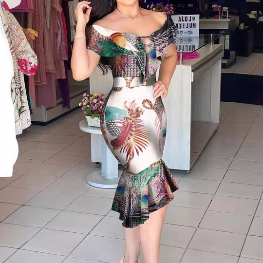 Damen Glitzerndes Midi-Kleid mit Rüschen und Schlitz EB