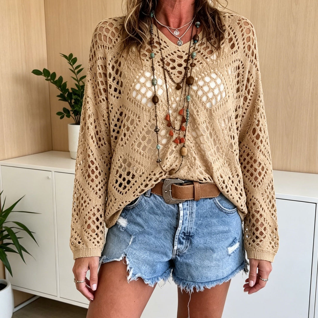 Damen Grobstrick-Häkelpullover mit offenen Maschen und V‑Ausschnitt EB