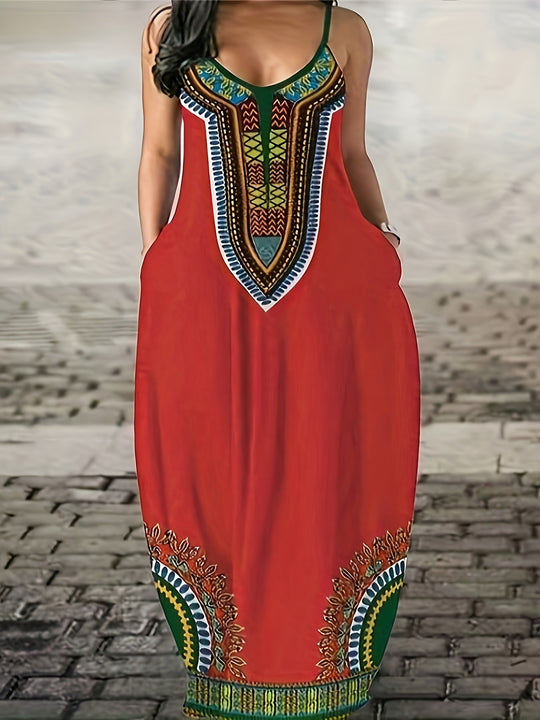 Damen Maxikleid mit künstlerischem Grafikdruck und tiefem V-Ausschnitt EB