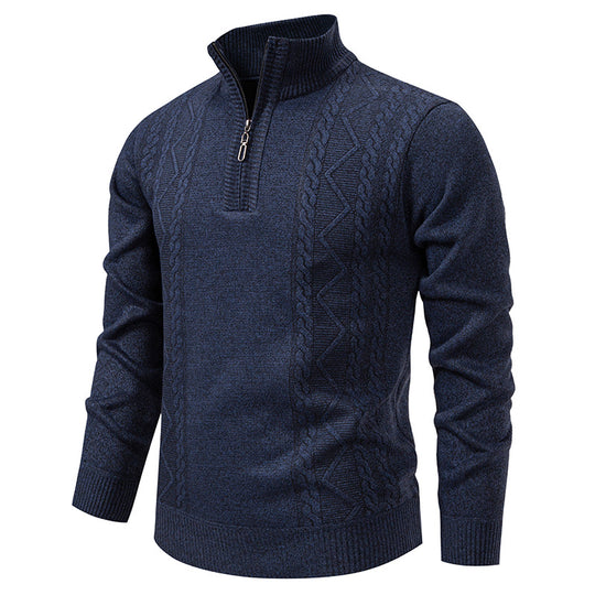 Herren nan gehobener Strickpullover mit Halbzip, Stehkragen und dekorativem Zopfmuster EB