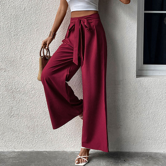 Damen Weite High-Waist-Hose mit Schleifenbund und Faltenwurf EB