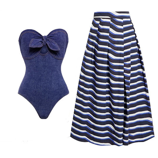 Damen Bandeau Badeanzug mit dekorativen Schleifen und gestreiftem Maxiröckchen EB