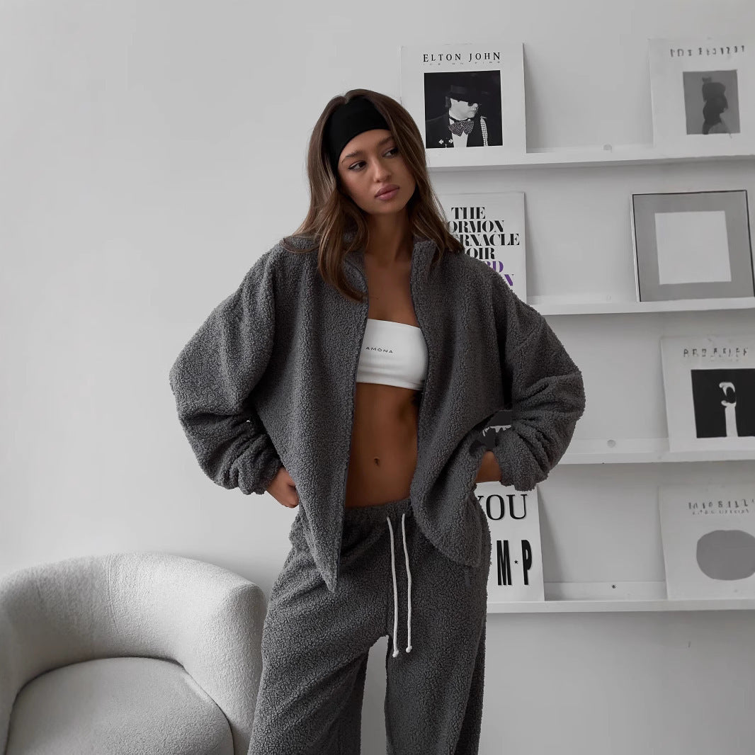 Damen oversized Teddy-Fleece Hausanzug mit Reißverschlussjacke und Jogginghose EB