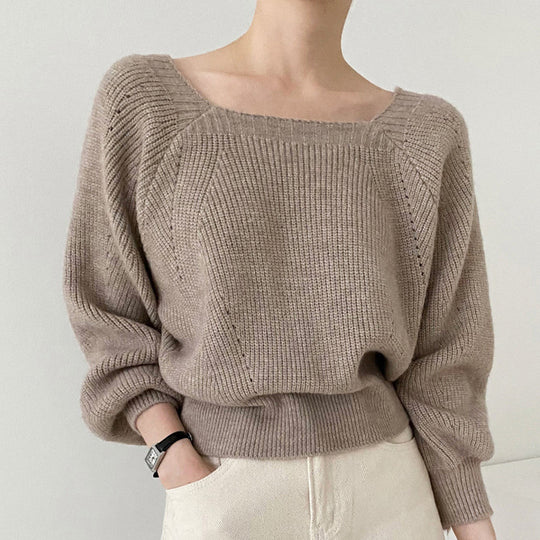 Damen Eleganter Grobstrickpullover mit offener Schulterpartie und weiten Ärmeln EB