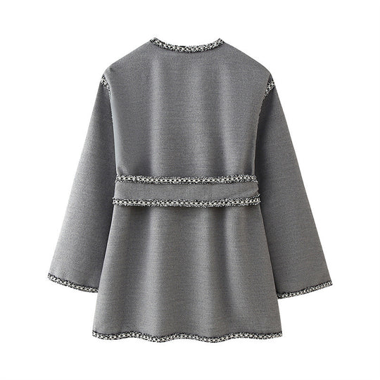 Damen elegante Wickeljacke mit kontrastierenden Verzierungen EB
