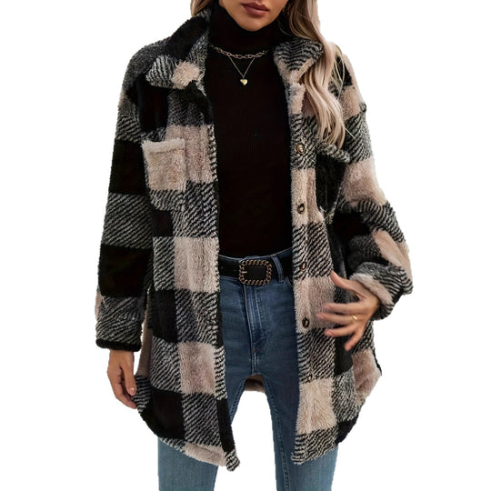 Damen Teddyjacke mit kariertem Muster und weichem Fell EB