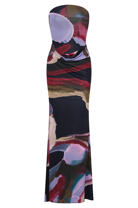 Damen Strapless Maxikleid mit fließendem Stoff und kunstvollem Druck EB