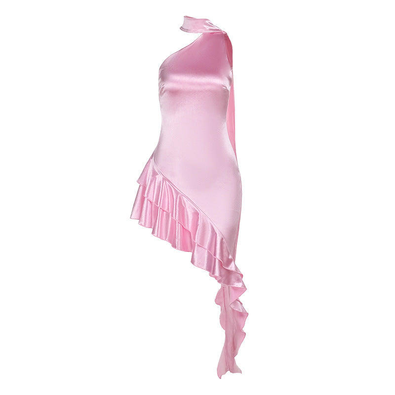 Damen asymmetrisches Satin-Kleid mit eleganten Rüschendetails EB