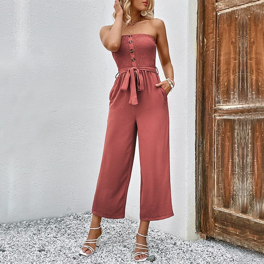 Damen Jumpsuit mit schicke Rüschendetails und taillierbarem Gürtel EB