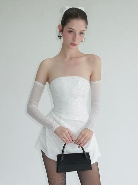 Damen Strapless Minikleid mit funkelnden Applikationen und transparenten Ärmeln EB