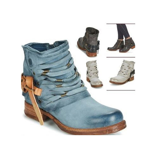 Damen Fransen-Ankle-Boots mit geschichteten Riemen und seitlichem Reißverschluss EB