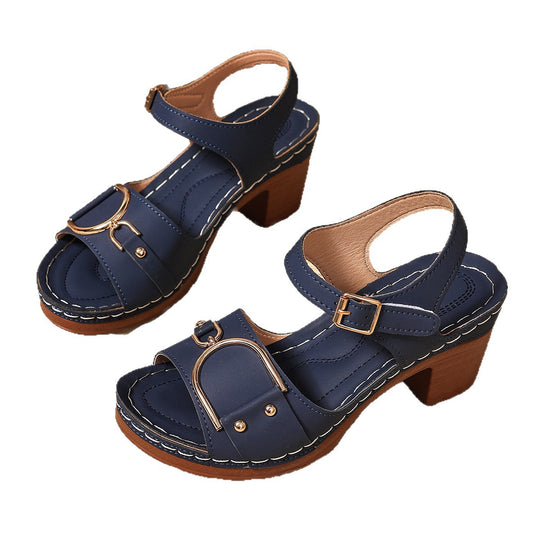 Damen modische Sandalen mit Absatz und dekorativem Schnallen-Design EB