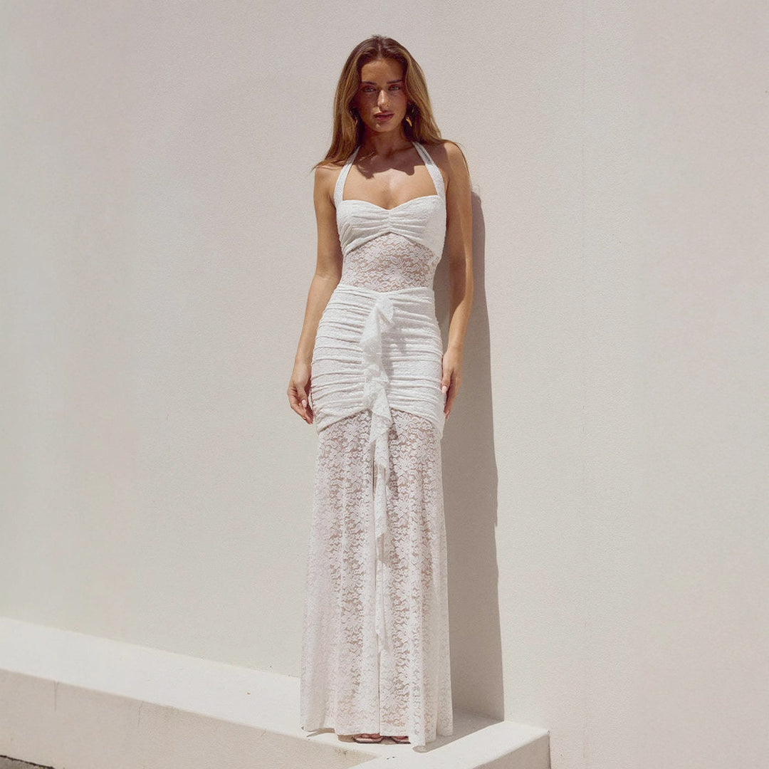 Damen Raffiniertes Maxikleid mit Spitzenakzenten und tiefem Schlitz EB