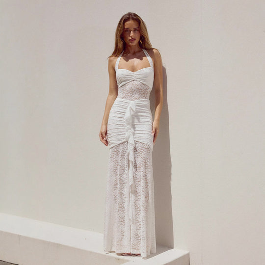 Damen Raffiniertes Maxikleid mit Spitzenakzenten und tiefem Schlitz EB